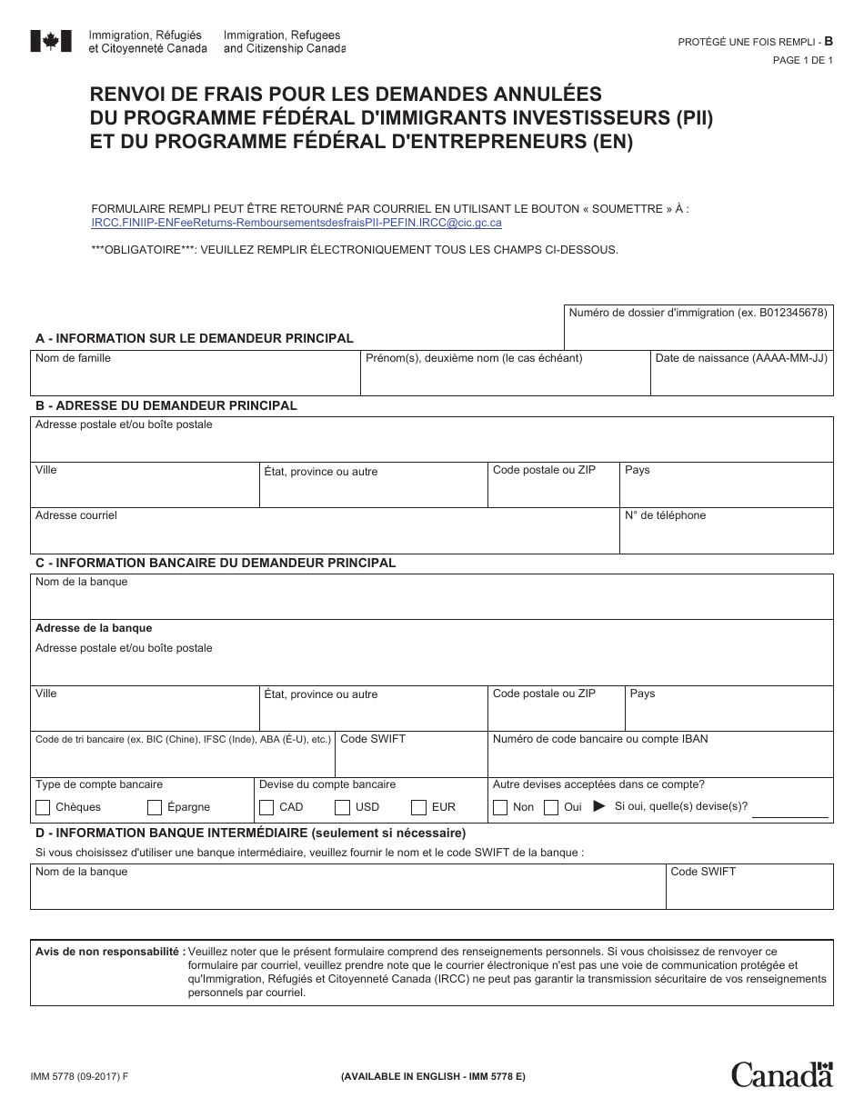 Forme IMM5778 Renvoi De Frais De Demandes Pour Le Programme Dimmigrants Investisseurs (Pii) Et Le Programme Dentrepreneurs (En) - Canada (French), Page 1