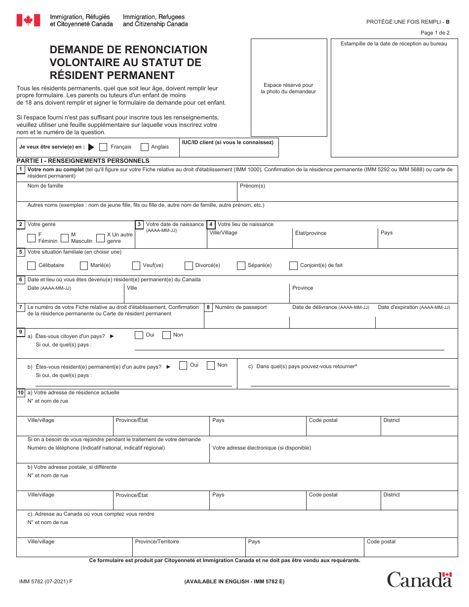 Forme IMM5782 Demande De Repudiation Volontaire Au Statut De Resident Permanent - Canada (French), Page 1