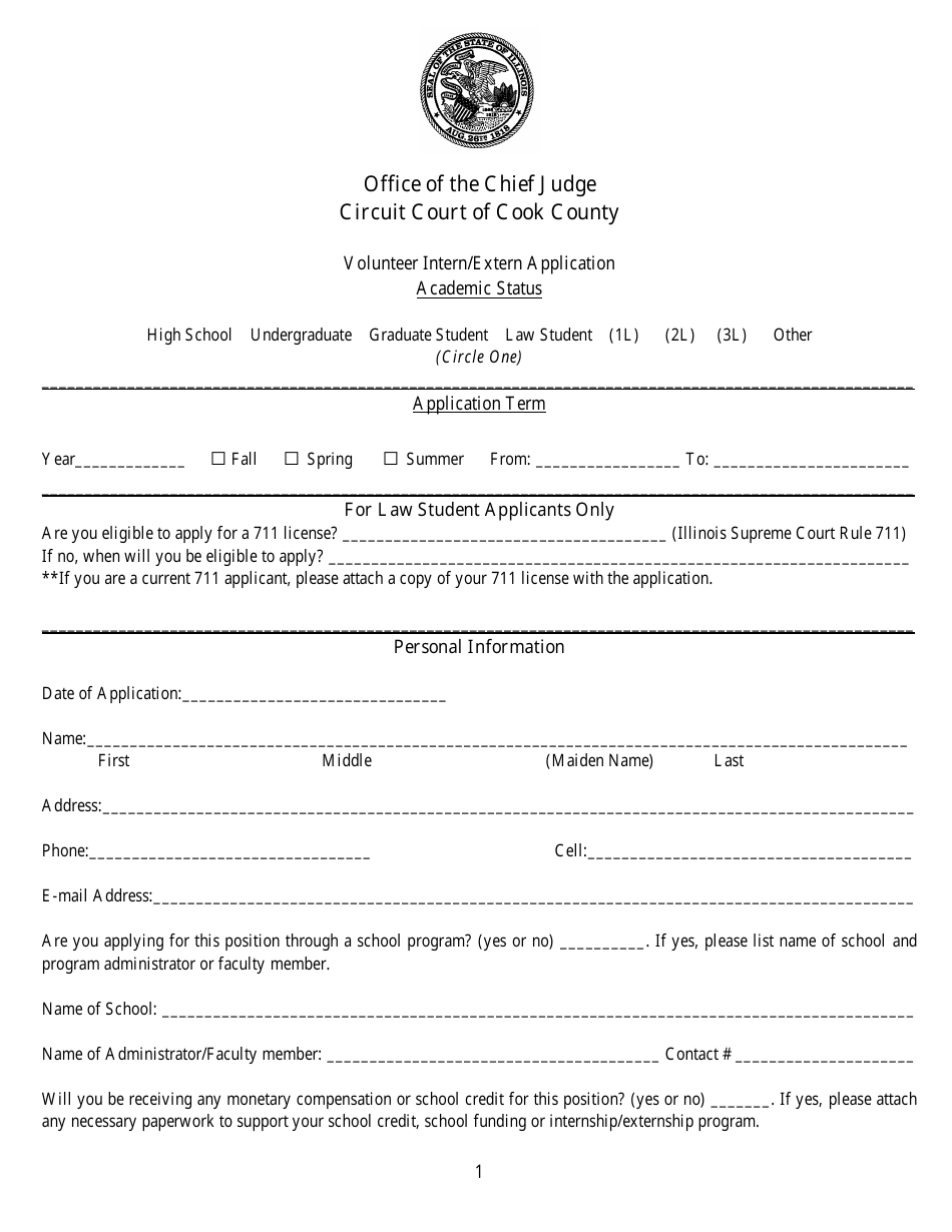 Cook County Illinois Volunteer Intern/Extern Application Fill Out