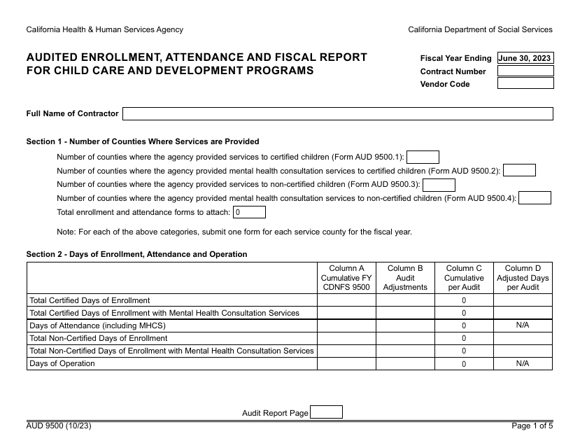 Form AUD9500 Audited Enrollment, Attendance and Fiscal Report for Child Care and Development Programs - California, 2023