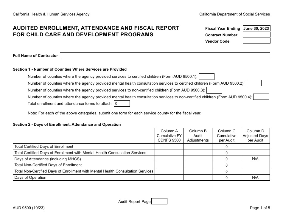 Form AUD9500 Audited Enrollment, Attendance and Fiscal Report for Child Care and Development Programs - California, Page 1