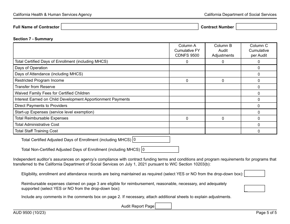Form AUD9500 Audited Enrollment, Attendance and Fiscal Report for Child Care and Development Programs - California, Page 5