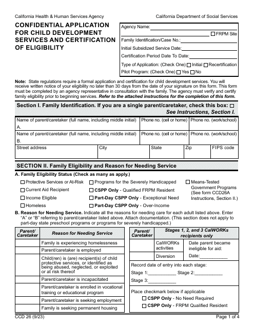 Form CCD26 Confidential Application for Child Development Services and Certification of Eligibility - California