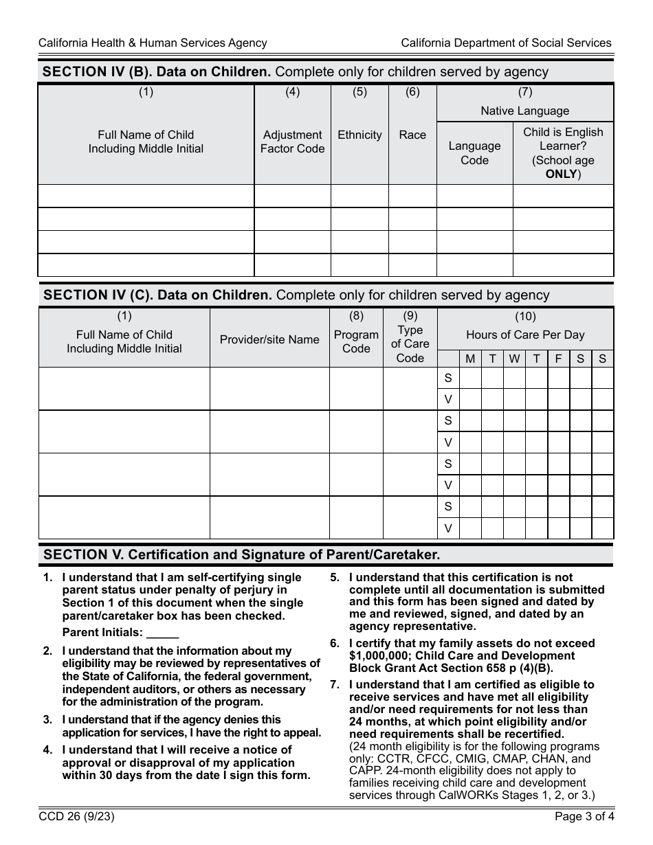 Form CCD26 Confidential Application for Child Development Services and Certification of Eligibility - California, Page 3