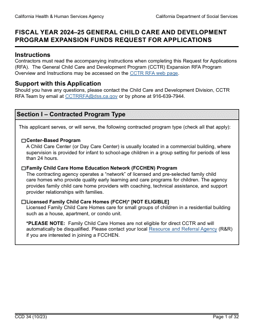 Form CCD34 General Child Care and Development Program Expansion Funds Request for Applications - California, 2025