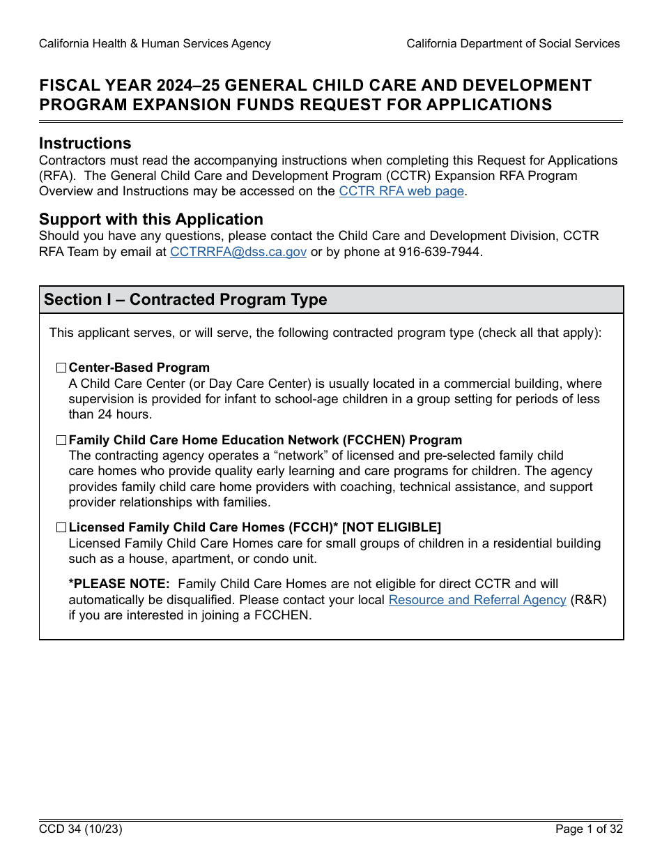 Form CCD34 General Child Care and Development Program Expansion Funds Request for Applications - California, Page 1