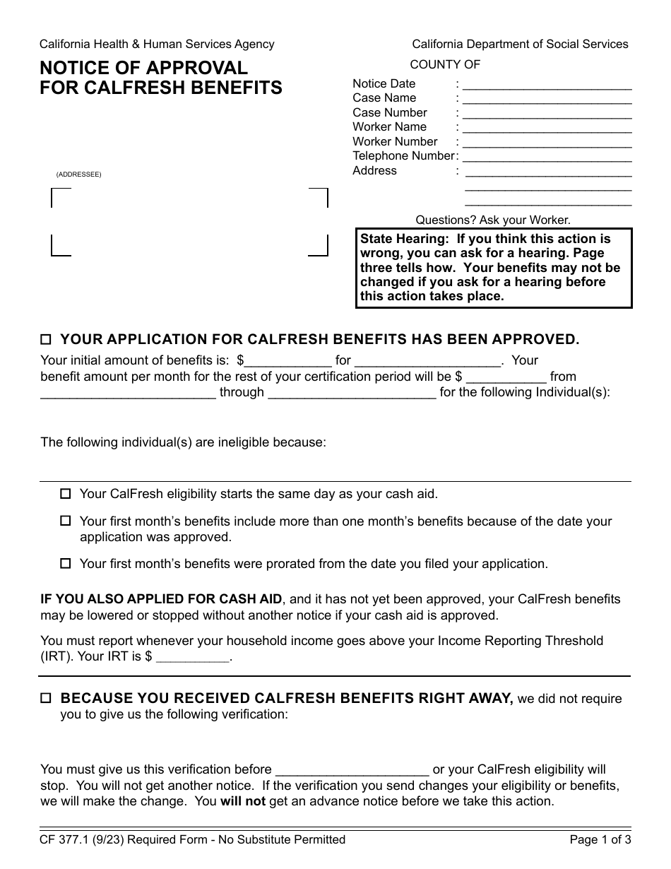 Form CF377.1 Notice of Approval for CalFresh Benefits - California, Page 1