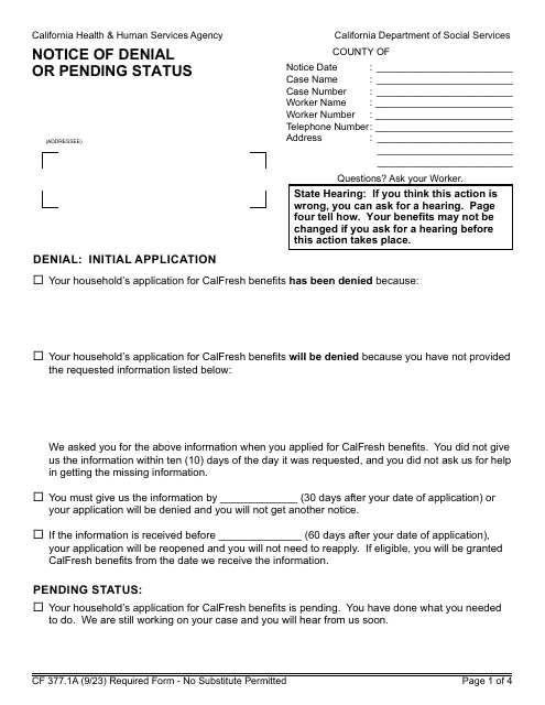Form CF377.1A Notice of Denial or Pending Status - California