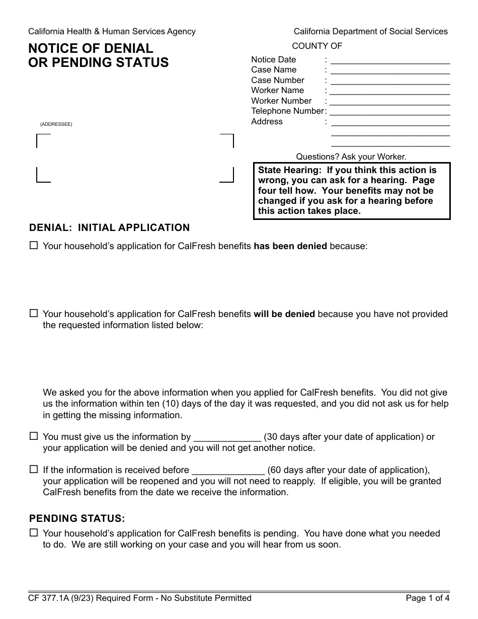 Form CF377.1A Notice of Denial or Pending Status - California, Page 1