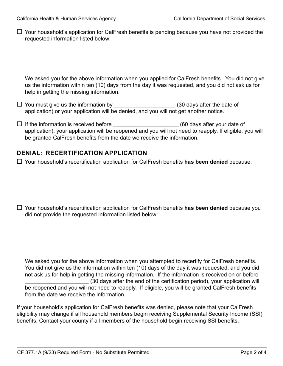 Form CF377.1A Notice of Denial or Pending Status - California, Page 2