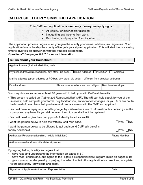 Form CF485 CalFresh Elderly Simplified Application - California