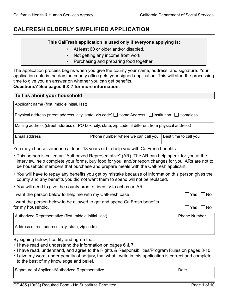 Form CF485 CalFresh Elderly Simplified Application - California, Page 1