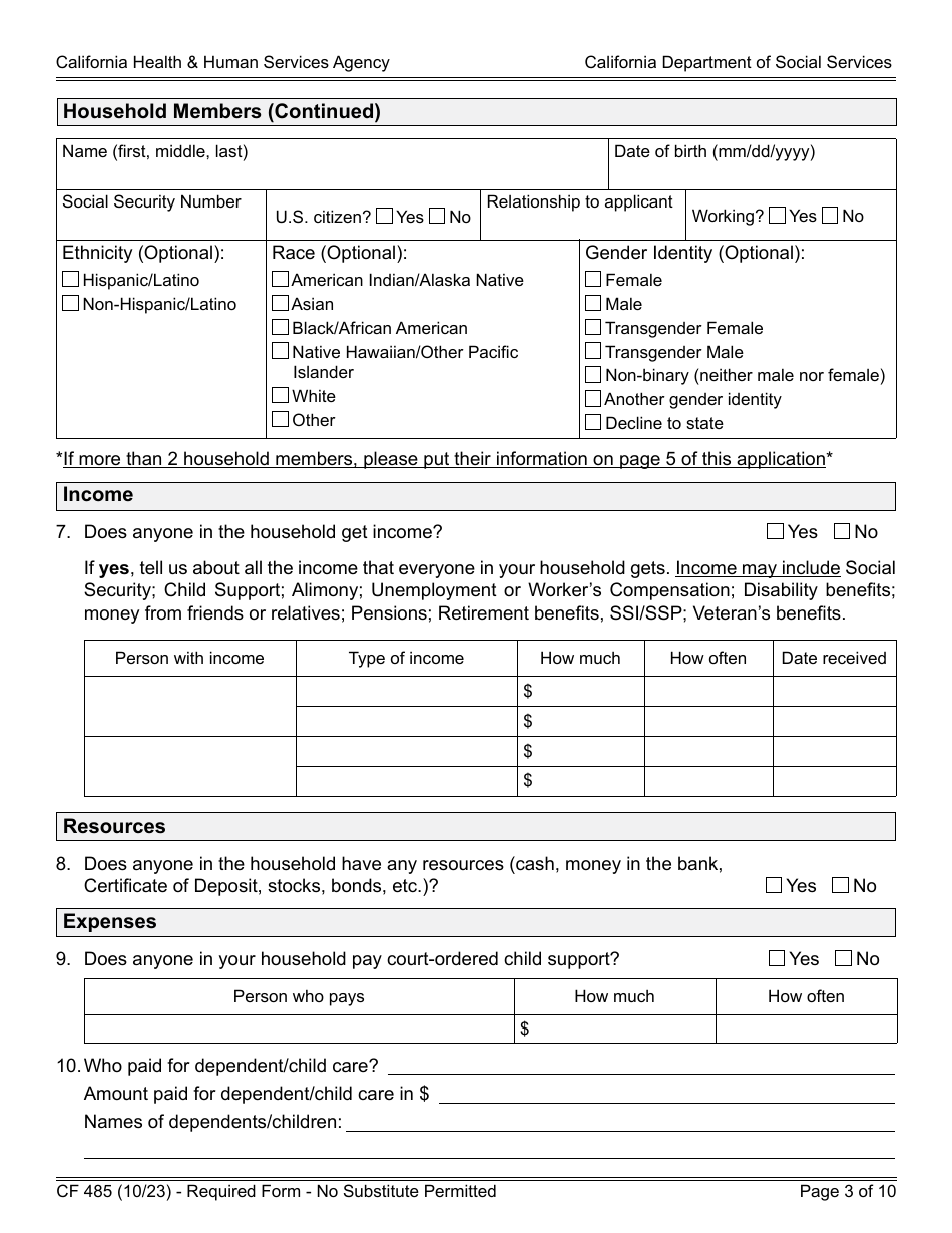 Form CF485 CalFresh Elderly Simplified Application - California, Page 3