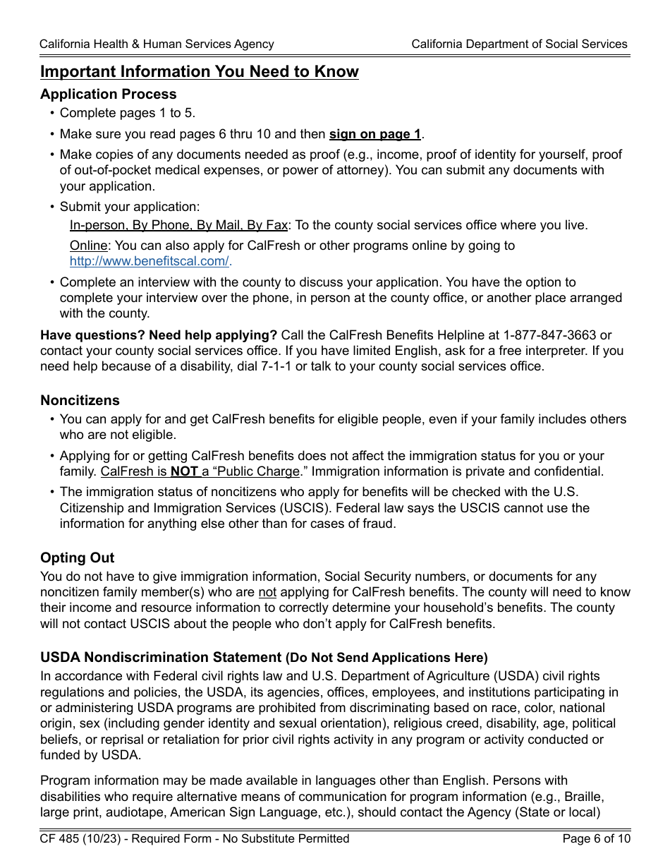 Form CF485 CalFresh Elderly Simplified Application - California, Page 6
