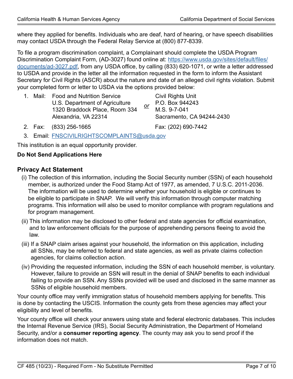Form CF485 CalFresh Elderly Simplified Application - California, Page 7