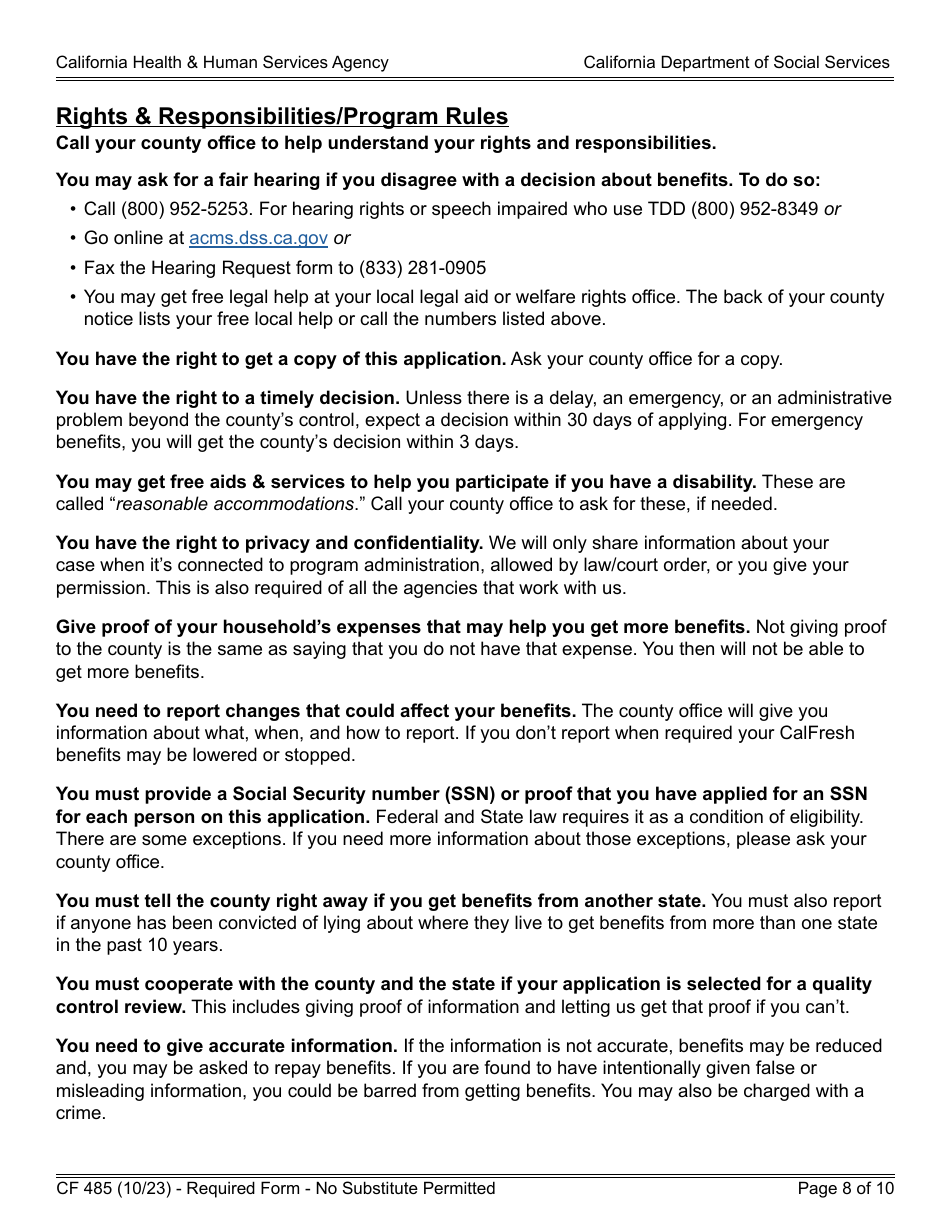 Form CF485 CalFresh Elderly Simplified Application - California, Page 8