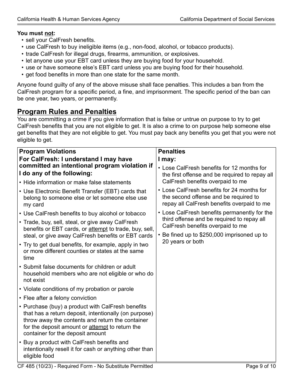 Form CF485 CalFresh Elderly Simplified Application - California, Page 9