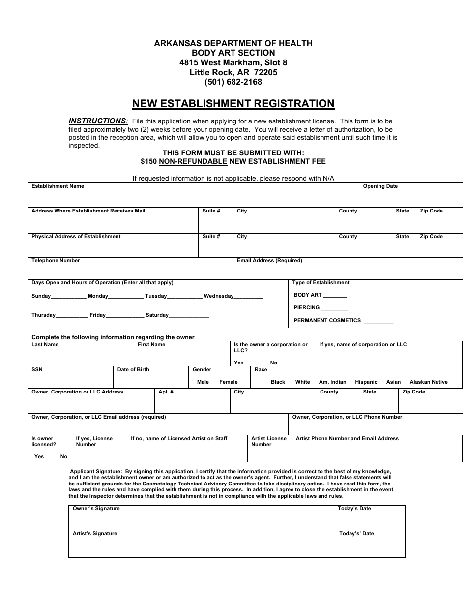New Establishment Registration - Arkansas, Page 1