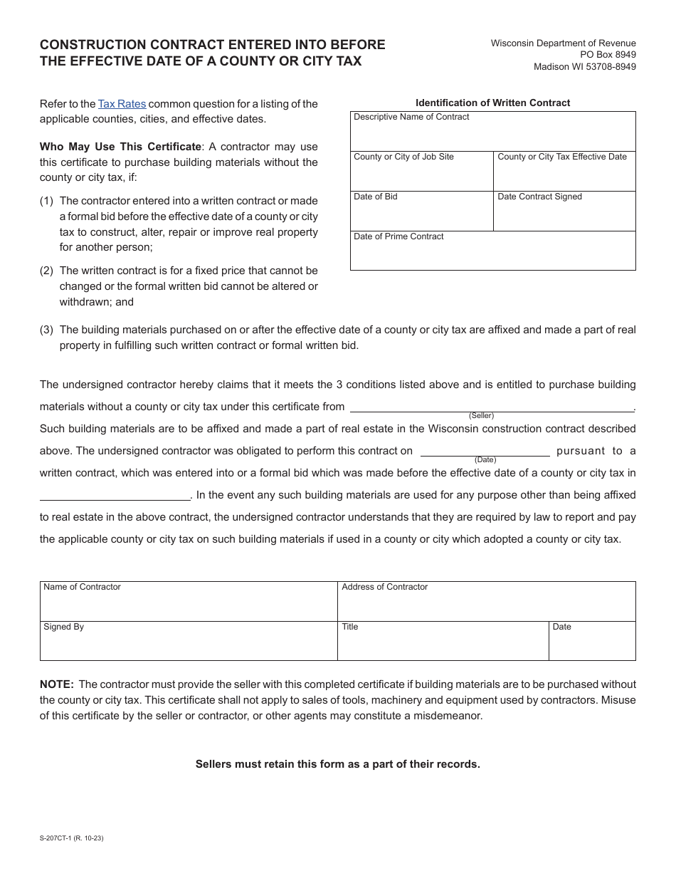 Form S-207CT-1 Construction Contract Entered Into Before the Effective Date of a County or City Tax - Wisconsin, Page 1