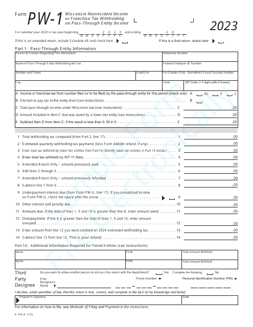 Form PW-1 (IC-004) Wisconsin Nonresident Income or Franchise Tax Withholding on Pass-Through Entity Income - Wisconsin, 2023