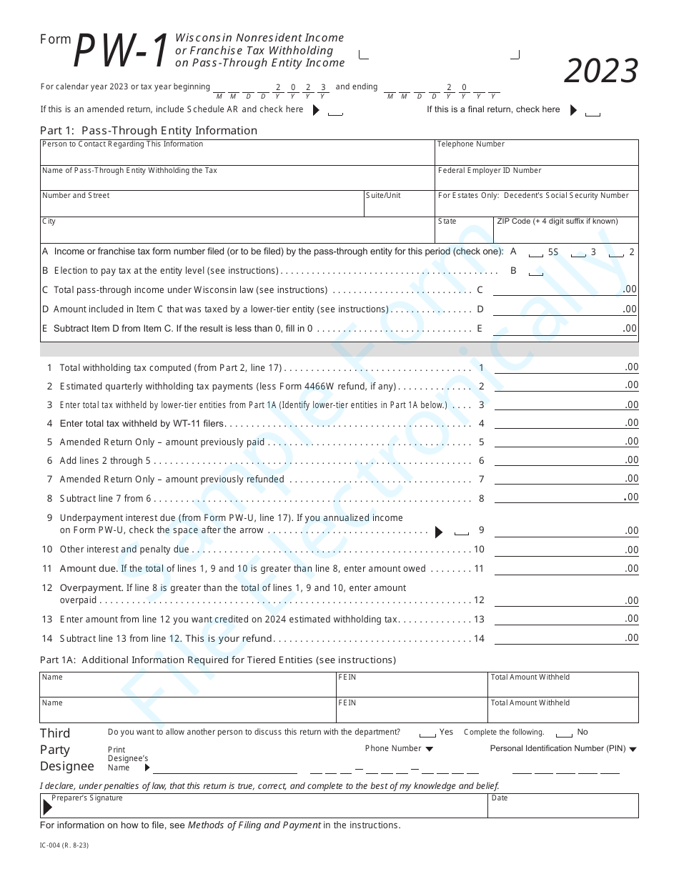 Form PW-1 (IC-004) Wisconsin Nonresident Income or Franchise Tax Withholding on Pass-Through Entity Income - Wisconsin, Page 1