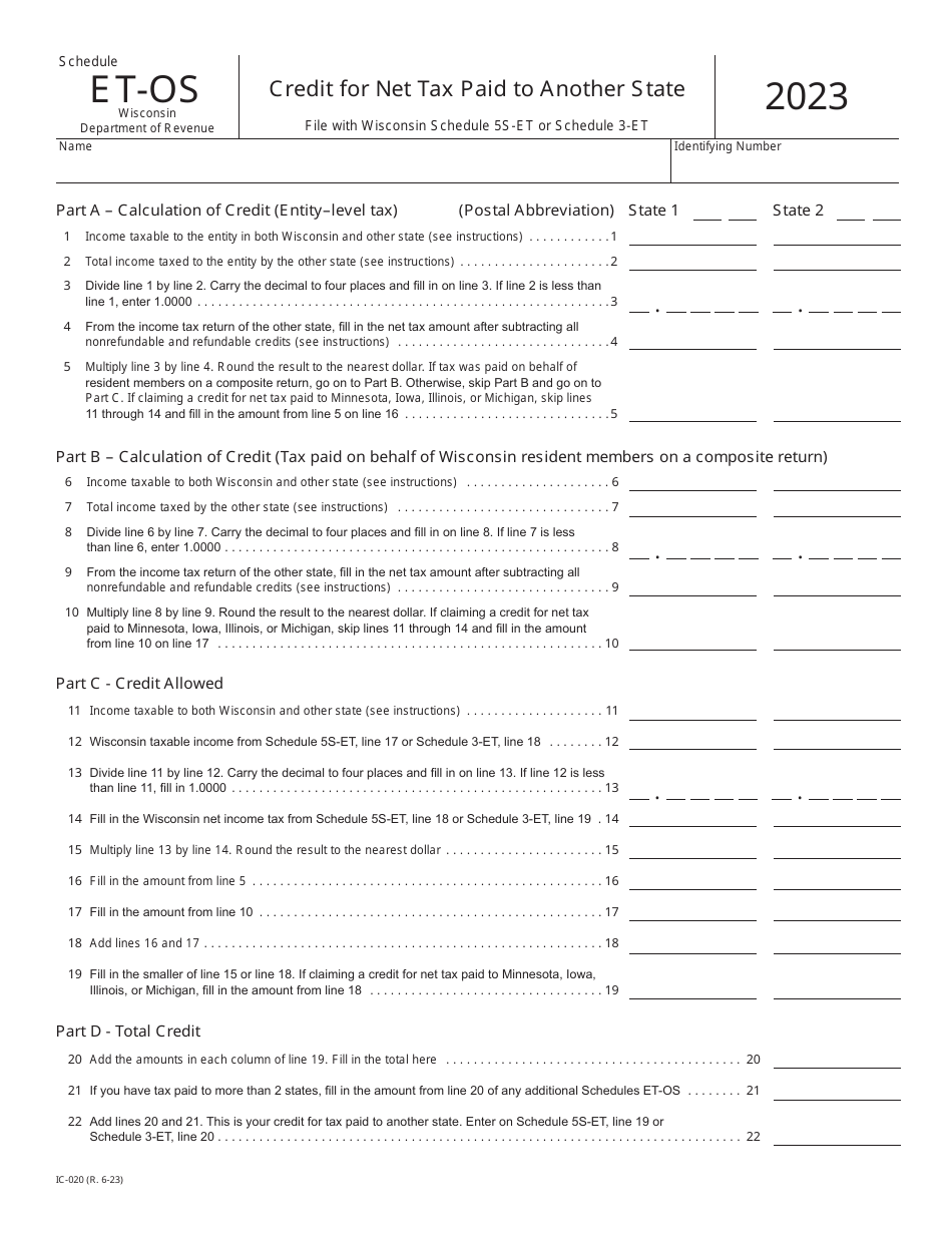 Form IC-020 Schedule ET-OS Credit for Net Tax Paid to Another State - Wisconsin, Page 1