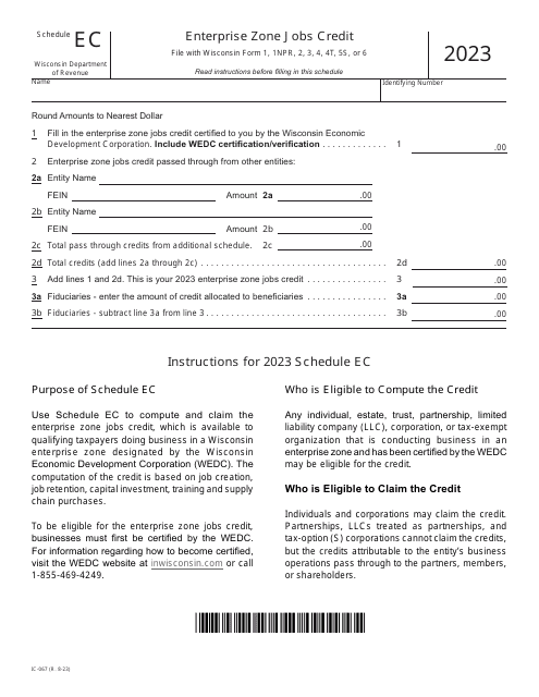 Form IC-067 Schedule EC Enterprise Zone Jobs Credit - Wisconsin, 2023