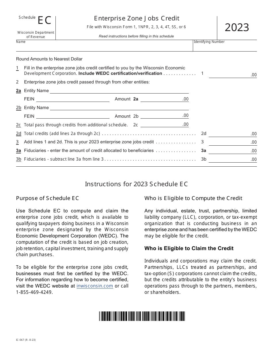 Form IC-067 Schedule EC Enterprise Zone Jobs Credit - Wisconsin, Page 1
