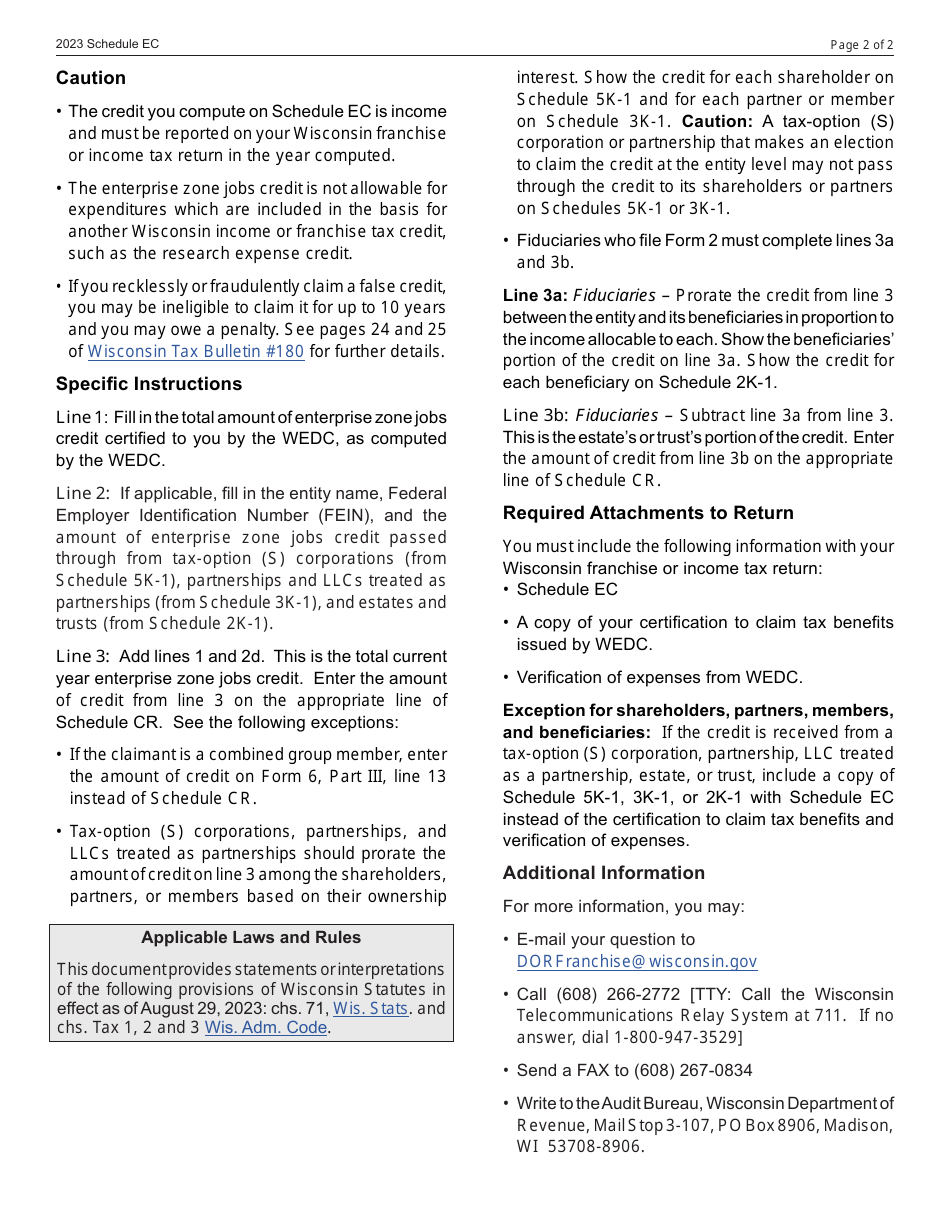 Form IC-067 Schedule EC Enterprise Zone Jobs Credit - Wisconsin, Page 2