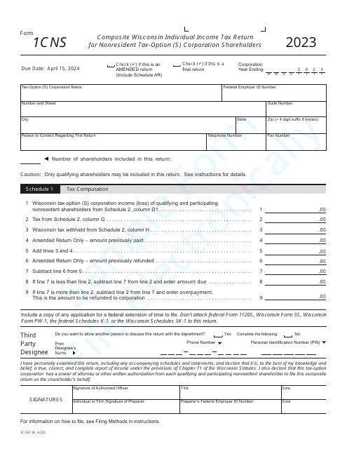 Form 1CNS (IC-057) Composite Wisconsin Individual Income Tax Return for Nonresident Tax-Option (S) Corporation Shareholders - Sample - Wisconsin, 2023