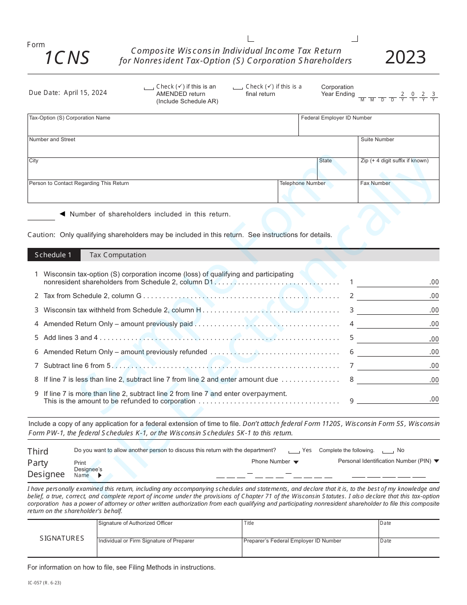 Form 1CNS (IC-057) Composite Wisconsin Individual Income Tax Return for Nonresident Tax-Option (S) Corporation Shareholders - Sample - Wisconsin, Page 1