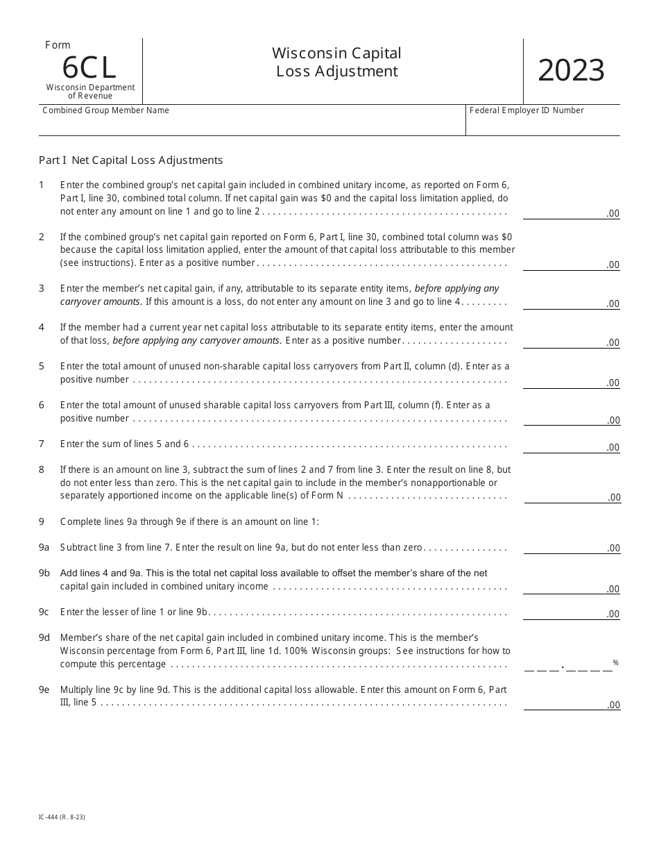 Form 6CL (IC-444) Wisconsin Capital Loss Adjustment - Wisconsin, Page 1