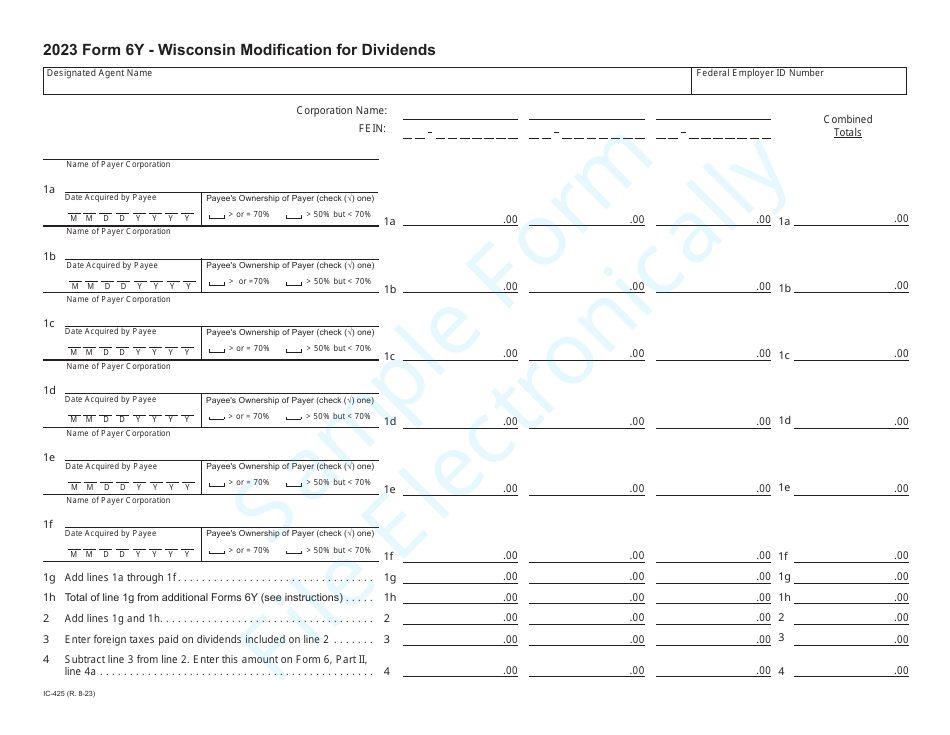 Form 6Y (IC-425) Wisconsin Modification for Dividends - Sample - Wisconsin, Page 1