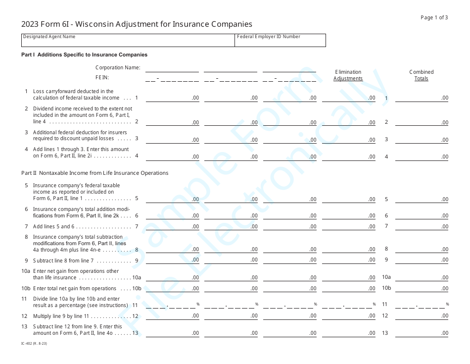 Form 6I (IC-402) Wisconsin Adjustment for Insurance Companies - Sample - Wisconsin, Page 1
