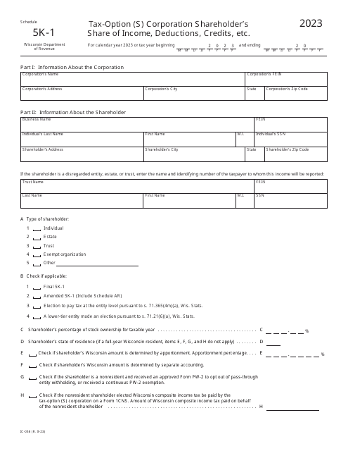 Form IC-056 Schedule 5K-1 Tax-Option (S) Corporation Shareholder's Share of Income, Deductions, Credits, Etc. - Wisconsin, 2023