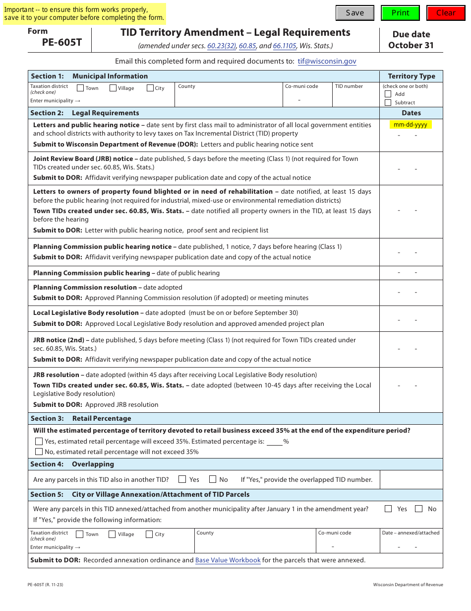 Form PE-605T Tid Territory Amendment - Legal Requirements - Wisconsin, Page 1