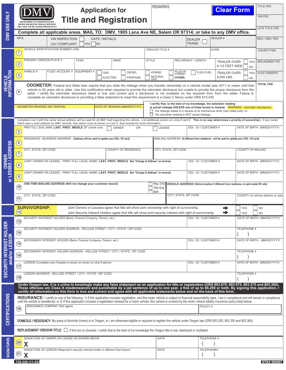 Form 735-226 Application for Title and Registration - Oregon, Page 1