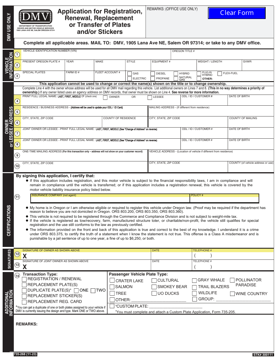 Form 735-268 Application for Registration, Renewal, Replacement or Transfer of Plates and / or Sticke - Oregon, Page 1