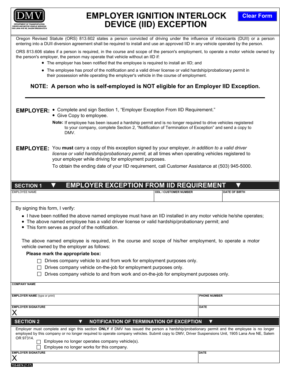 Form 735-6874 Employer Ignition Interlock Device (Iid) Exception - Oregon, Page 1