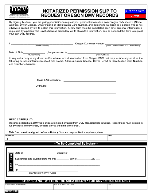 Form 735-7297 Notarized Permission Slip to Request Oregon DMV Records - Oregon