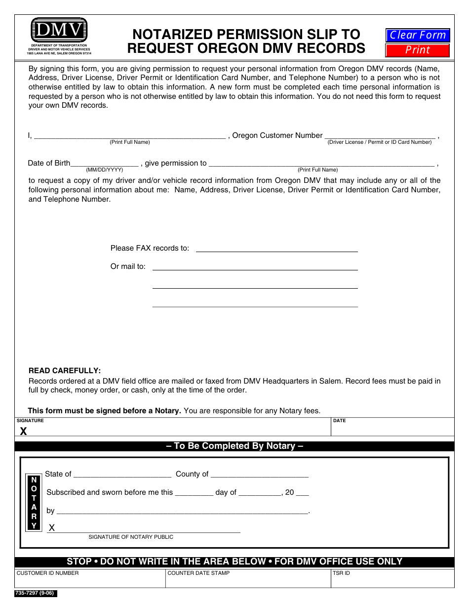 Form 735-7297 Notarized Permission Slip to Request Oregon DMV Records - Oregon, Page 1