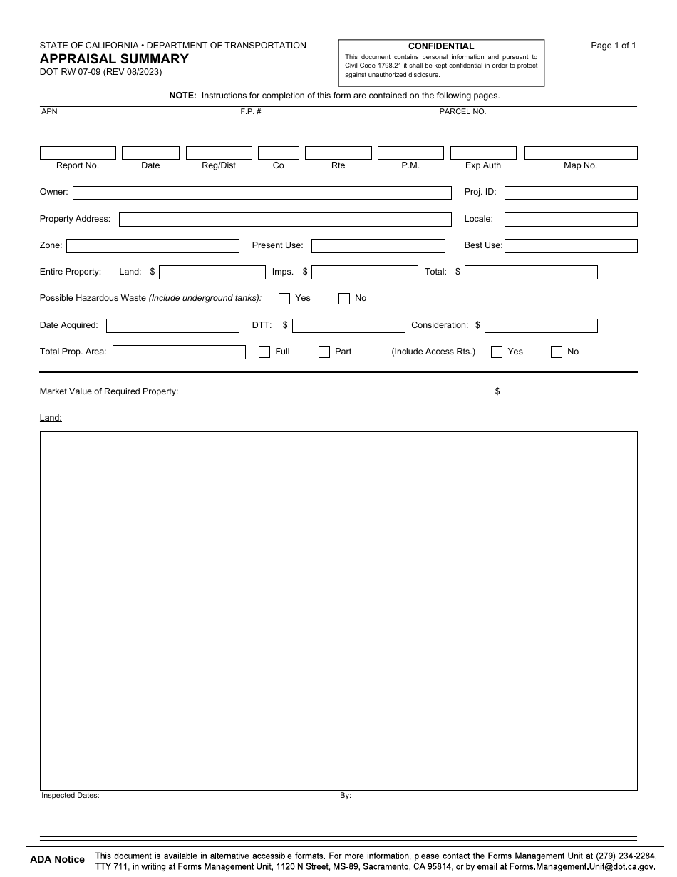 Form DOT RW07-09 Appraisal Summary - California, Page 1