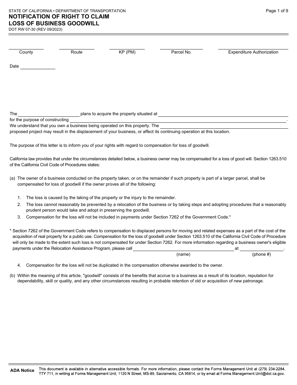 Form DOT RW07-30 Notification of Right to Claim Loss of Business Goodwill - California, Page 1