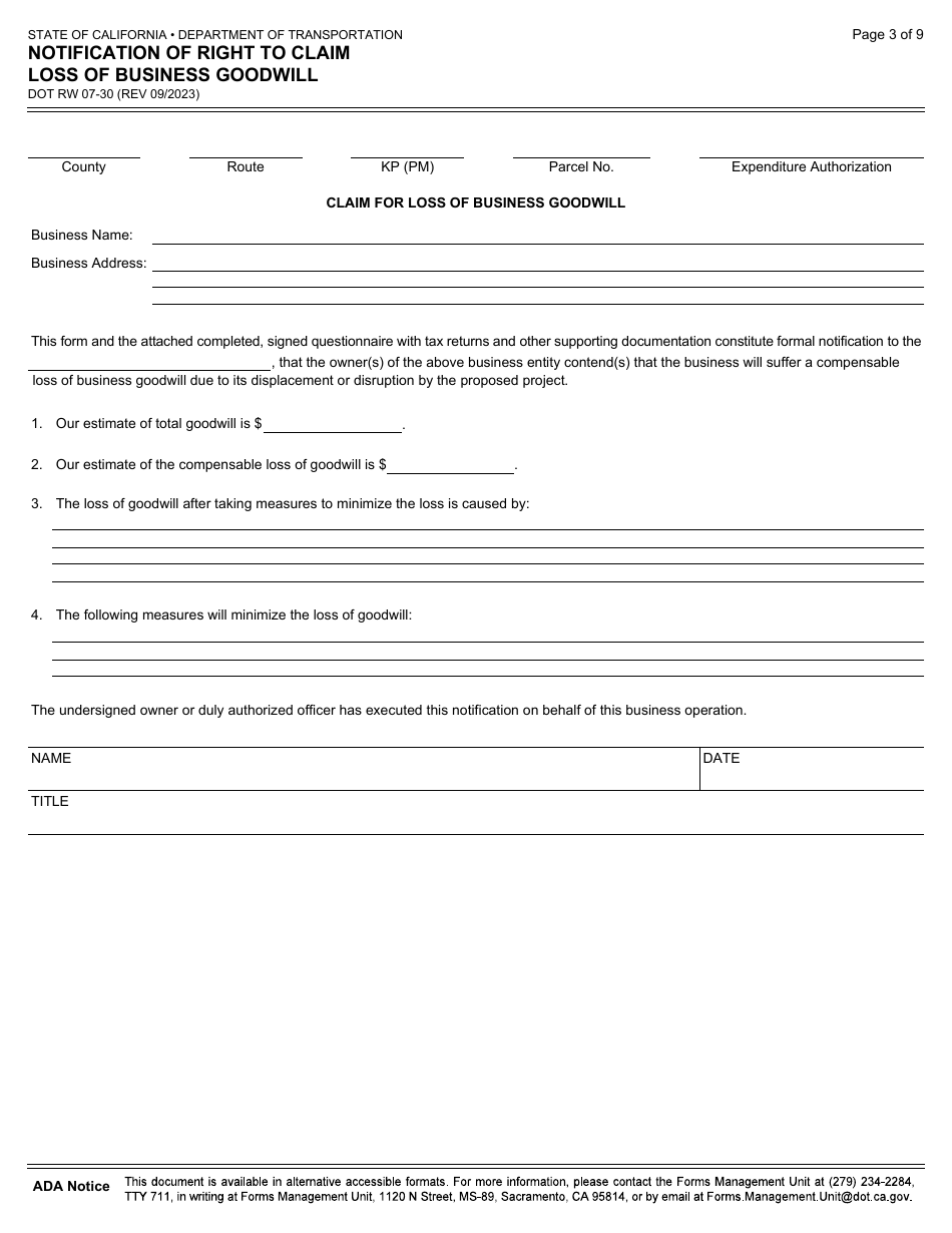 Form DOT RW07-30 Notification of Right to Claim Loss of Business Goodwill - California, Page 3