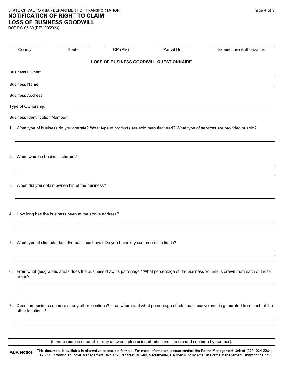 Form DOT RW07-30 Notification of Right to Claim Loss of Business Goodwill - California, Page 4