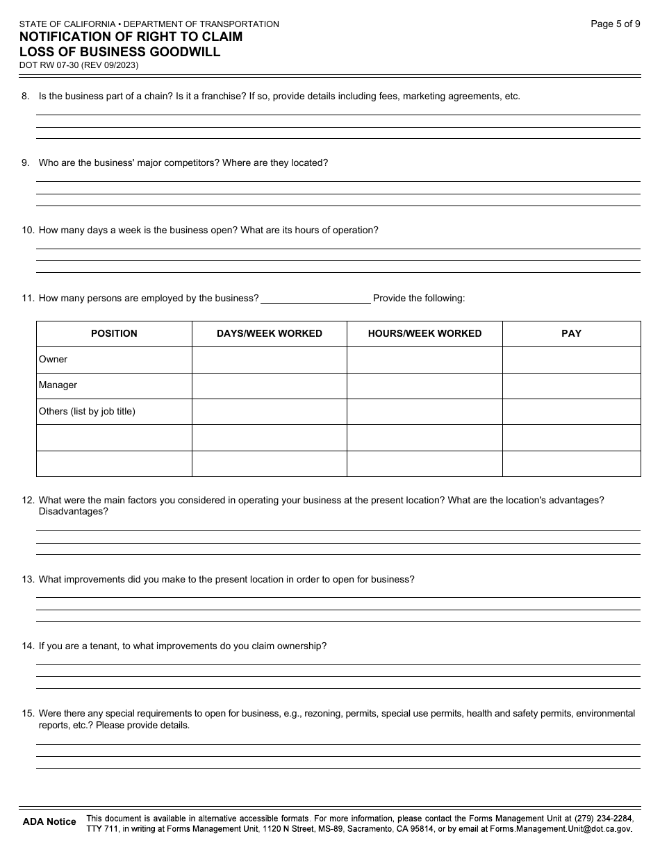 Form DOT RW07-30 Notification of Right to Claim Loss of Business Goodwill - California, Page 5
