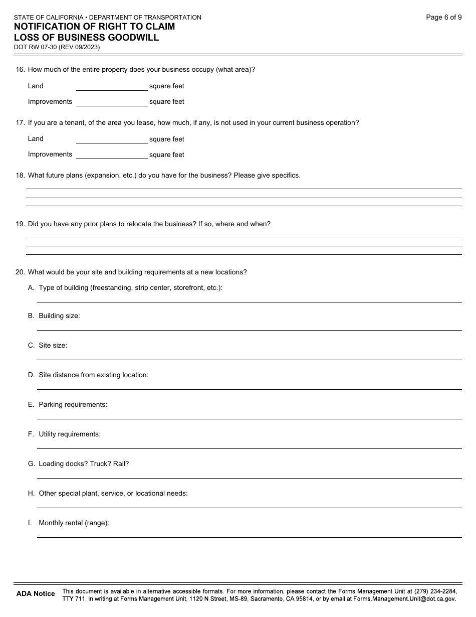 Form DOT RW07-30 Notification of Right to Claim Loss of Business Goodwill - California, Page 6