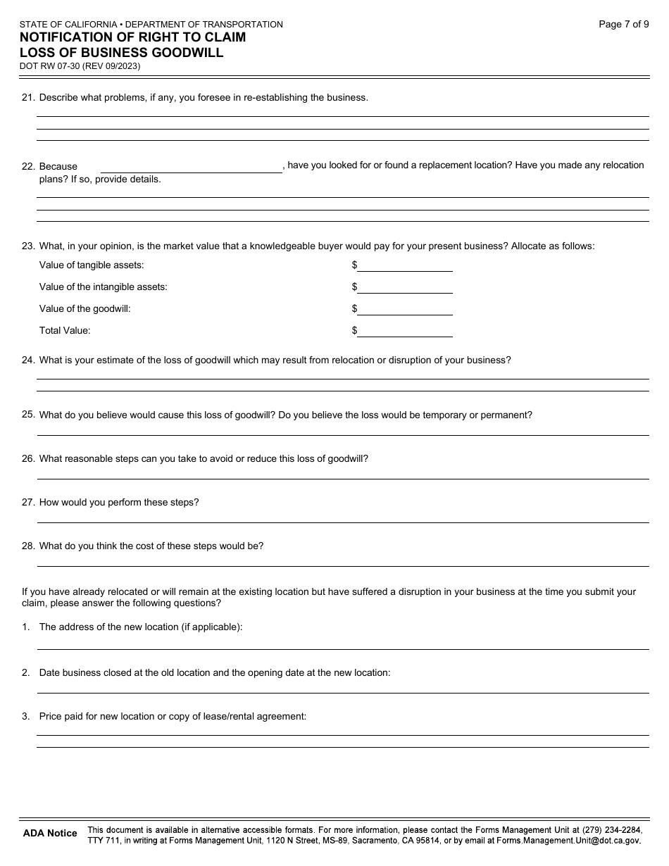Form DOT RW07-30 Notification of Right to Claim Loss of Business Goodwill - California, Page 7