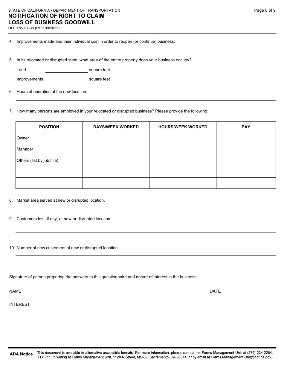 Form DOT RW07-30 Notification of Right to Claim Loss of Business Goodwill - California, Page 8