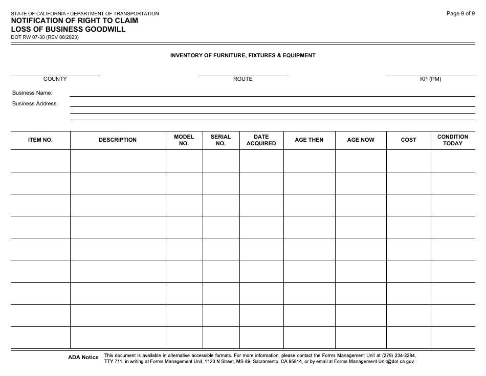 Form DOT RW07-30 Notification of Right to Claim Loss of Business Goodwill - California, Page 9